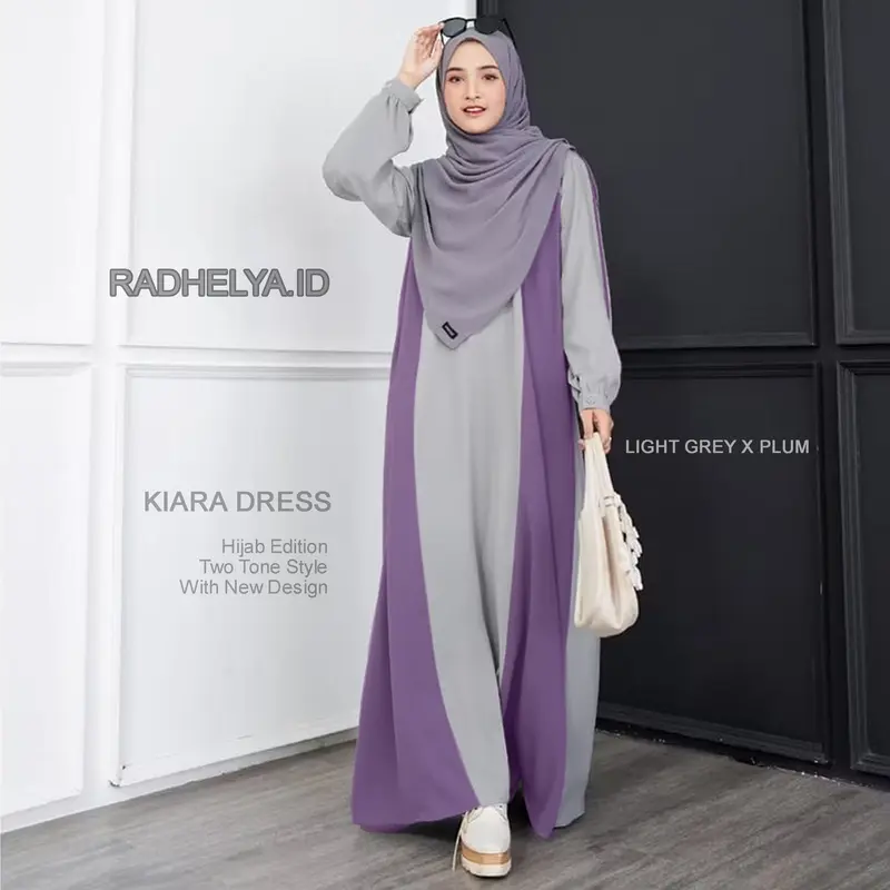 Kiara Dress | Gamis Basic Kombinasi Simpel Panjang Wanita Muslimah Syari Cantik Kancing Nyaman Variasi Khimar Plum Greey Kain Crinkel Zipper Wudhu Manset Ruffle 5