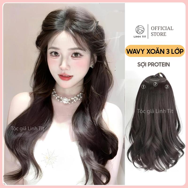  Wavy xoăn 3 lớp-  3 phím kẹp PROTEIN sợi tơ siêu thực 45-55cm   Tóc Giả Linh Tít  