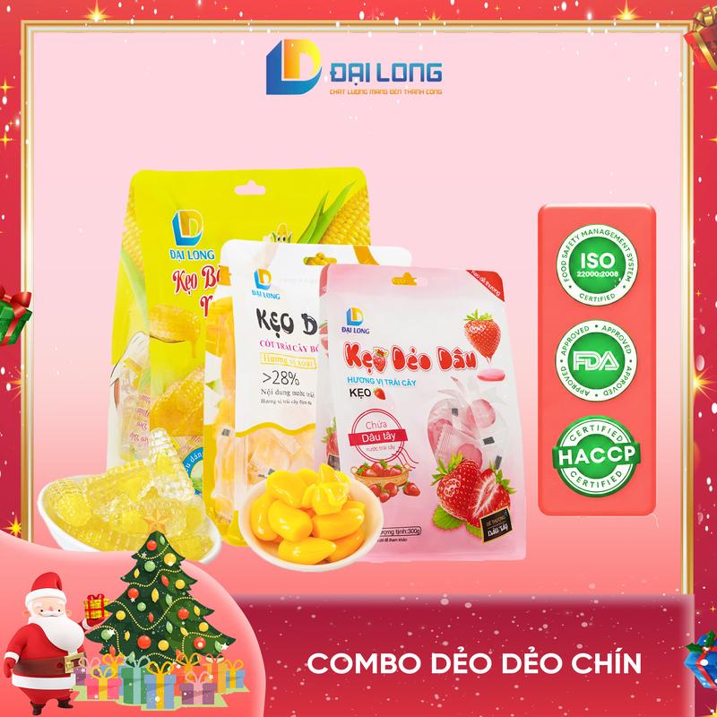 1100gr Combo DẺO DẺO Đại Long NOEL: Kẹo Xoài Bóc Vỏ Kẹo Dẻo Bắp Nhân Chảy Kẹo Dẻo Dâu Bi Bóc Vỏ