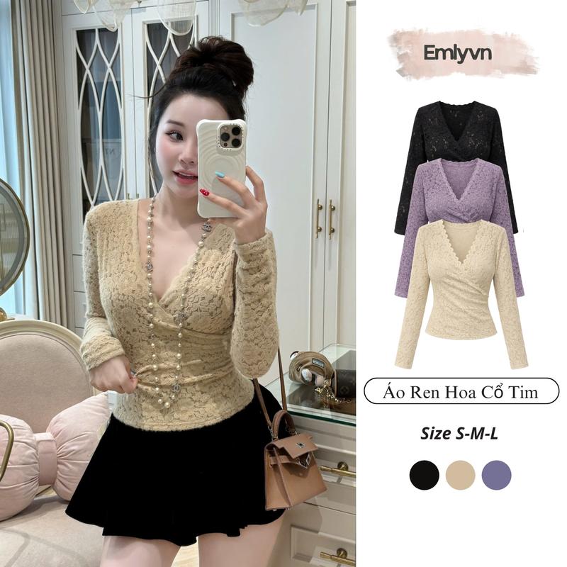 EMLYvn - Áo Ren Hoa Cổ Tim Dài Tay Dáng Ôm Co Giãn 4 Chiều Hot Hit Áo Ren Nữ Mềm Mịn Bị Không Ngứa