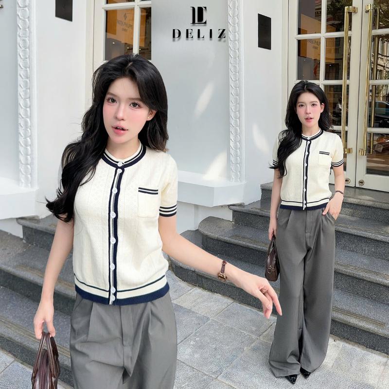 DELIZ - Áo len polo nữ cho mùa hè cộc tay có túi ngực phối cúc thanh lịch - PL44
