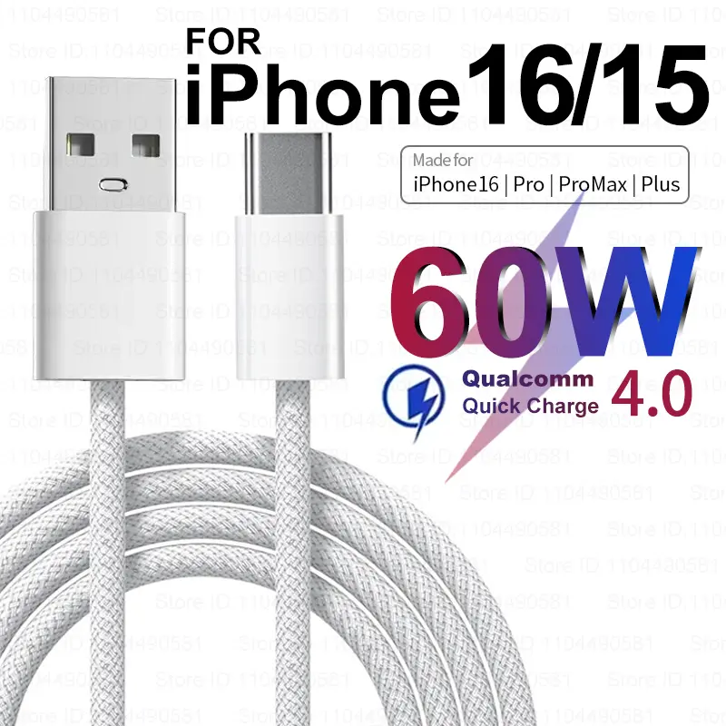 Original 60W PD USB to USB-C Carplay Fast Charging Cable For Apple iPhone 16 Pro Max 15 Plus Type C Quick Charger Xiaomi Samsung Cable