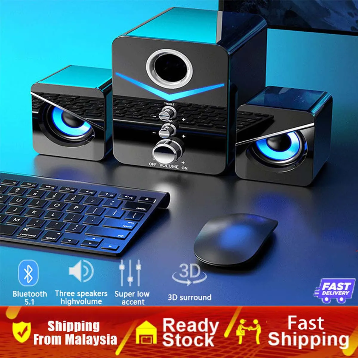 LED USB Speaker Set with Bluetooth StrongBass Stereo Wired Sound Box ComputerLaptop PC Home Audio