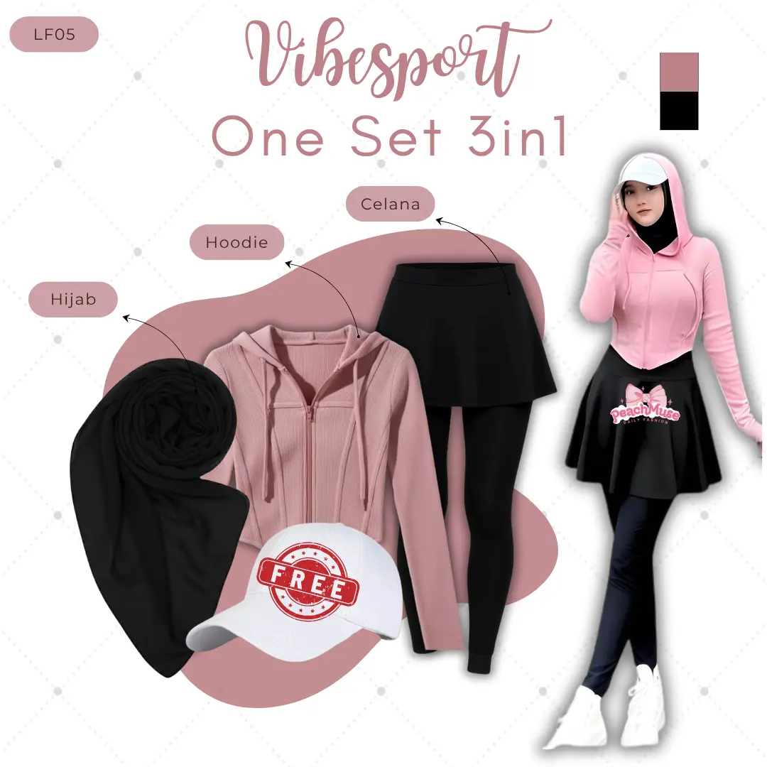 Setelan Olahraga Wanita One Set | Legging Rok, Hoodie Crop, Hijab Bella Square| Vibe Sport 3in1