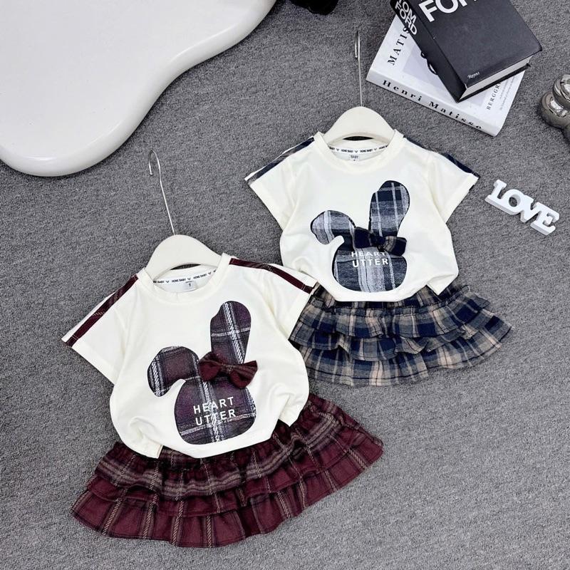 Bộ Áo + Chân Váy...( 10 -31kg ) áo hình 2 tai thỏ kẻ nâu và xanh cho be GÁI.... 1