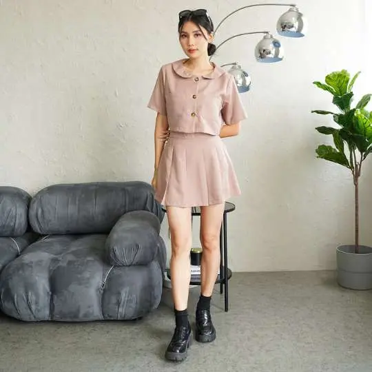 [ Vensh ] One Set Lengan Pendek Firsya / One Set Korean Style / One Set Wanita Kekinian Kancing  Kantong Atasan Setelan Cantik 5