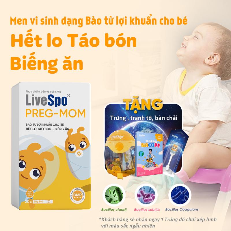 Men vi sinh cho Trẻ LiveSpo PREGMOM - 60 tỷ bào tử lợi khuẩn hỗ trợ giảm táo bón, Chậm Tăng Cân, ăn ngon Cho Bé (Hộp 20 ống) Mua 1 hộp tặng 1 tranh tô màu, Mua 2 hộp tặng 1 trứng xếp hình hoặc 2 tranh (Chọn đúng biến thể để nhận được quà)