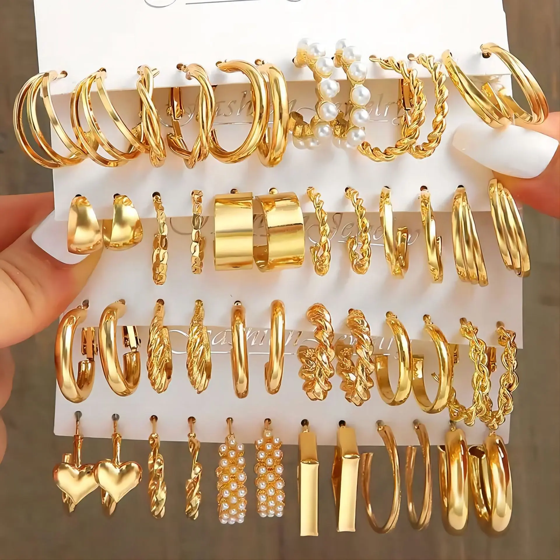Vary Vase Korea Kepribadian Elegan Anting-Anting Persegi Emas Perak Perak Anting-Anting Bulat Mutiara 5-6 Pcs Set Aksesoris Perhiasan Wanita Paduan Perak anting titanium wanitajewelry accessories earrings anting  hijab