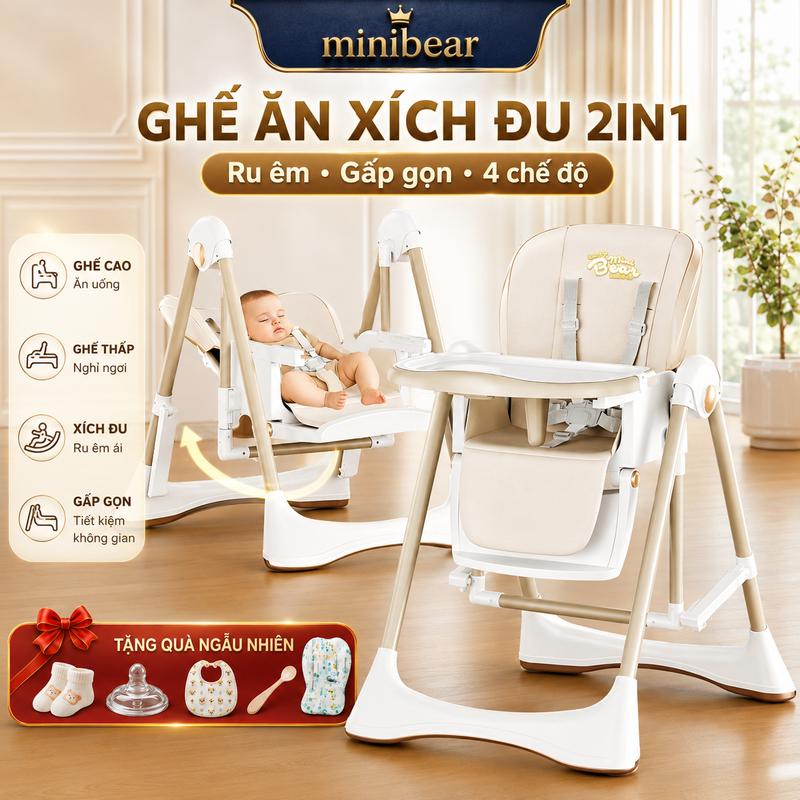 Ghế ăn dặm xích đu MiniBear - Nhật gấp gọn, đa năng, điều chỉnh ngả 160°, phù hợp cho bé từ 1 tháng tuổi, ghế ăn cho bé, xích đu êm ái, 4 chế độ, chỉnh cao thấp, đai an toàn