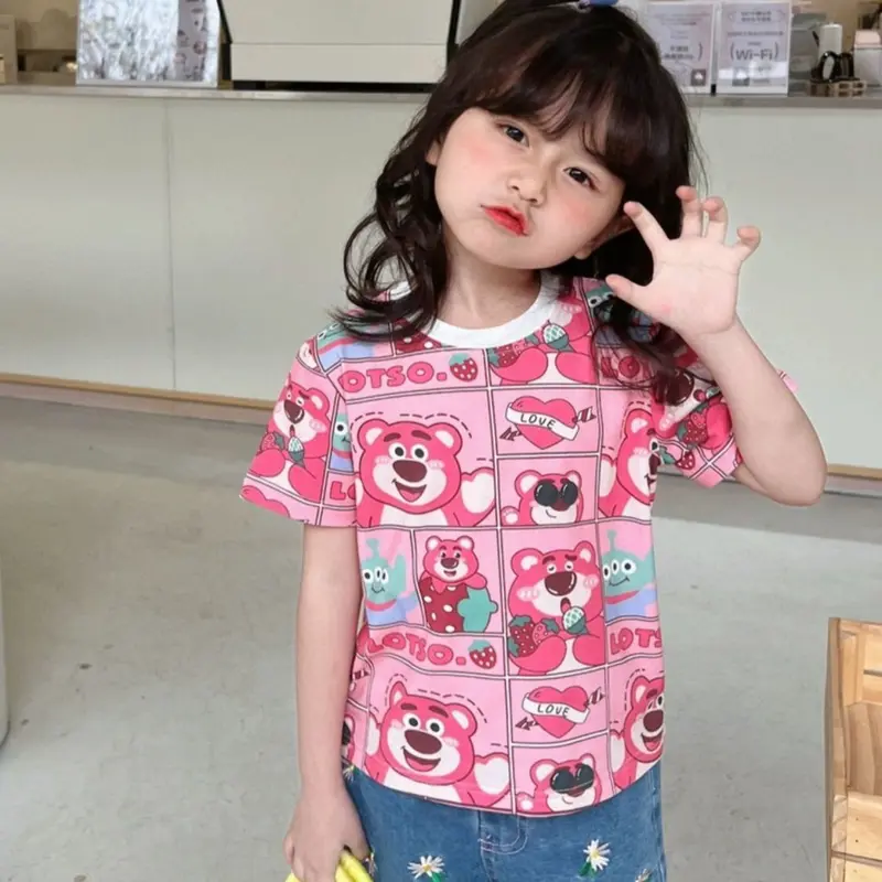 ByKiddos - Atasan Kaos Anak Perempuan Gaya Kasual Longgar Lengan Pendek Bermotif Lotso Dan Kuromi Fashion Lucu 1