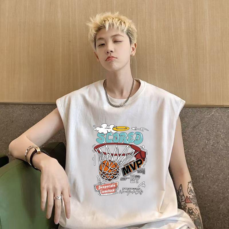 Rompi longgar tanpa lengan bergaya Amerika warna hitam putih untuk latihan kebugaran pria, atasan pria kasual dan serbaguna untuk sehari-hari, kaos pria.