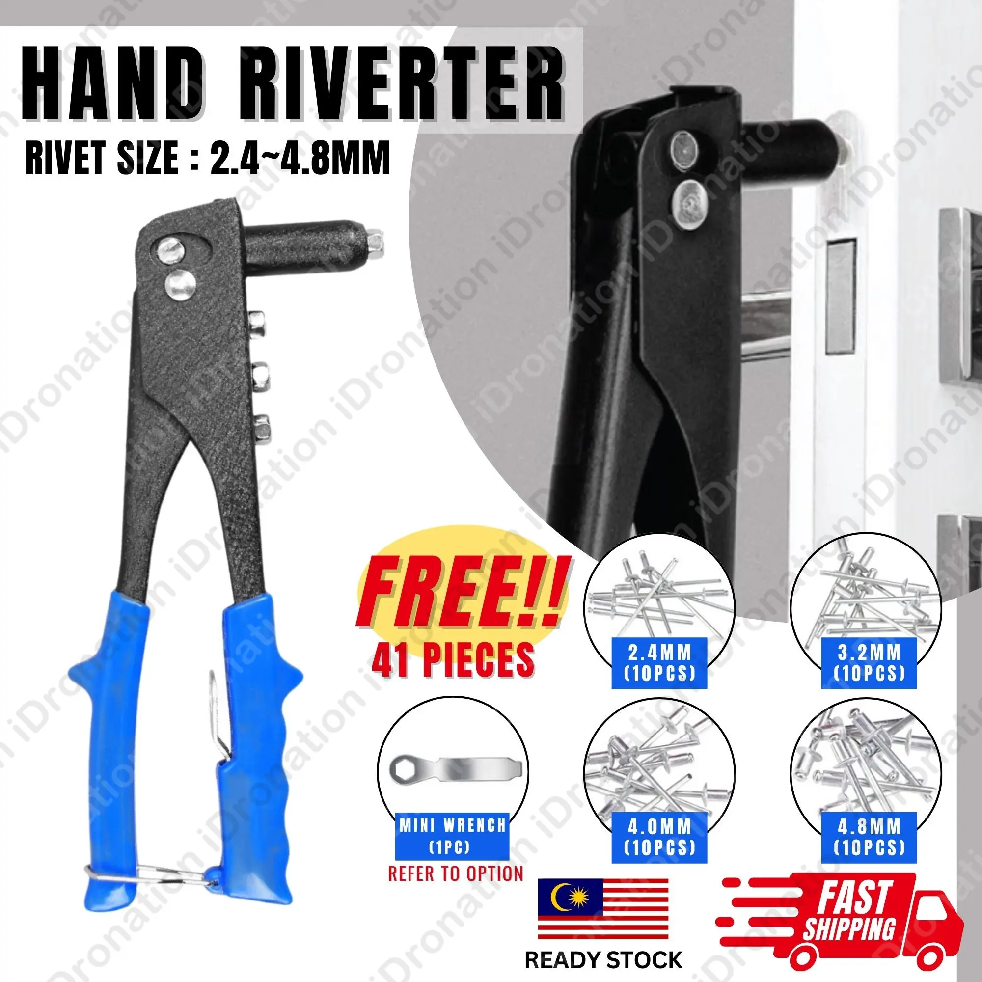 9" Inch Hand Riveter Set Rivet Gun 2.4MM 3.2MM 4MM 4.8MM Rivets Nail Hand Tools Riveter Aluminum Metal Plastic Leather