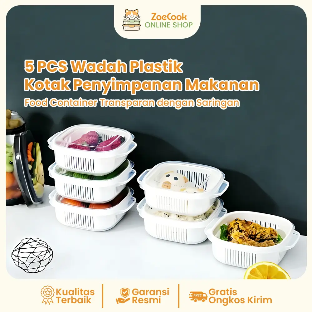 Zoe [5PCS] Kotak Penyimpanan Makanan Transparan dengan Saringan Food Container Tahan Panas Dingin Simpan Tetap Segar