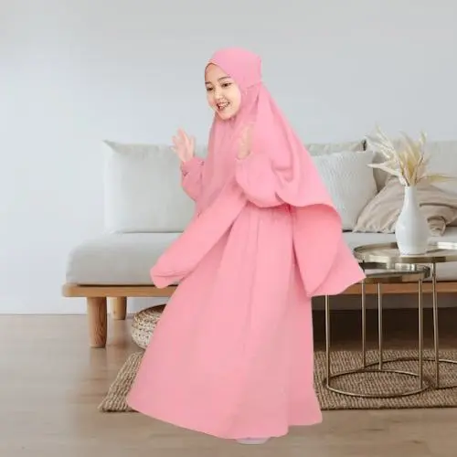 Khadijah Set gamis syarii plus hijab anak perempuan Muslim Crinkle Airflow Baju 5