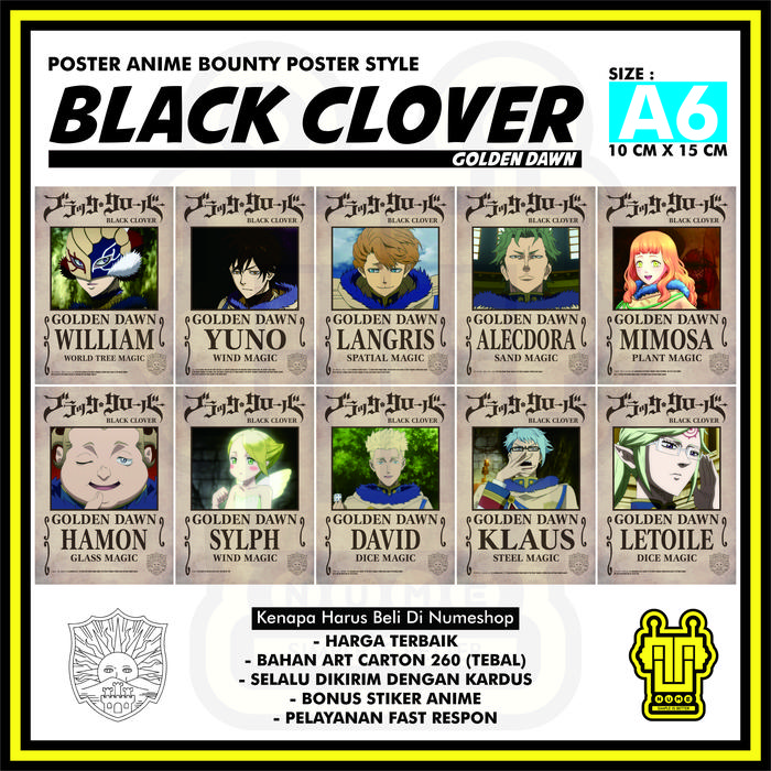 Gambar Poster Anime Black Clover Golden Dawn - Poster Bounty Wanted Style A6 dari NUME SHOP Tees & Toys Kab. Bekasi Tokopedia