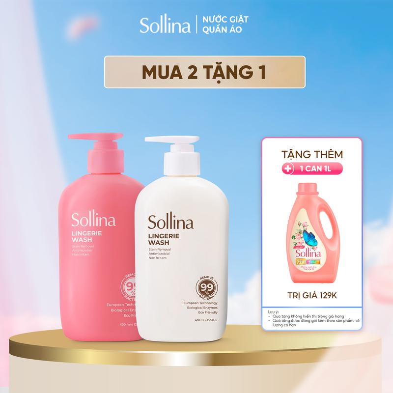[MUA 2 TẶNG 1] Combo 2 Nước Giặt Đồ Lót Chuyên Dụng Sollina (1 Nước Giặt Hồng + 1 Nước Giặt Vàng) 400Ml/Chai + TẶNG 1 Nước giặt thường 1L Làm Sạch