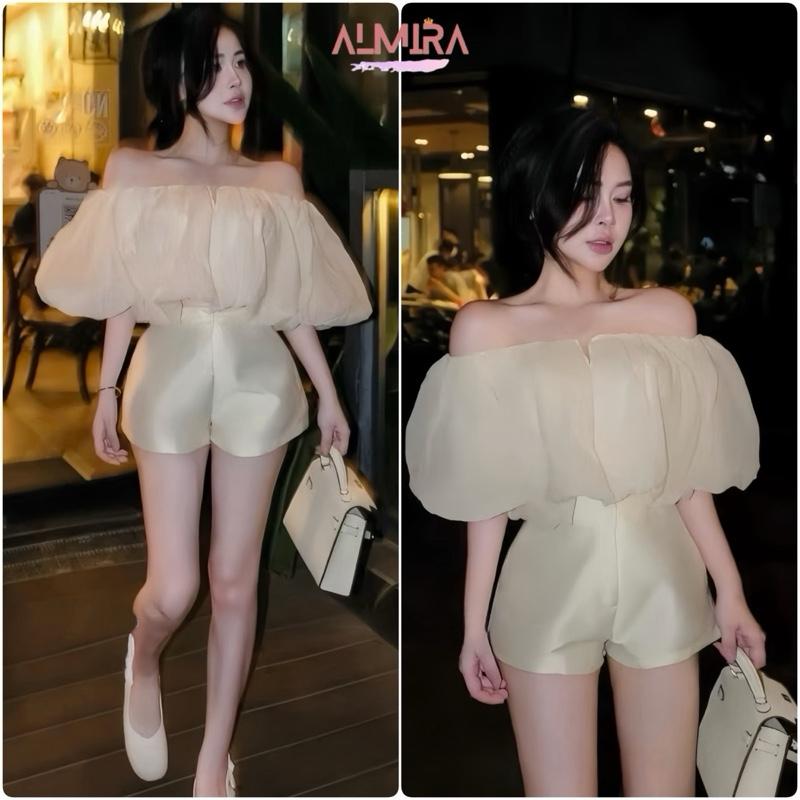  Sét Nữ Hottrend Gồm Áo Trễ Vai Phồng Chất Tơ Xốp + Quần Short Tafta Nhũ 2 Lớp Xinh Xẻo 