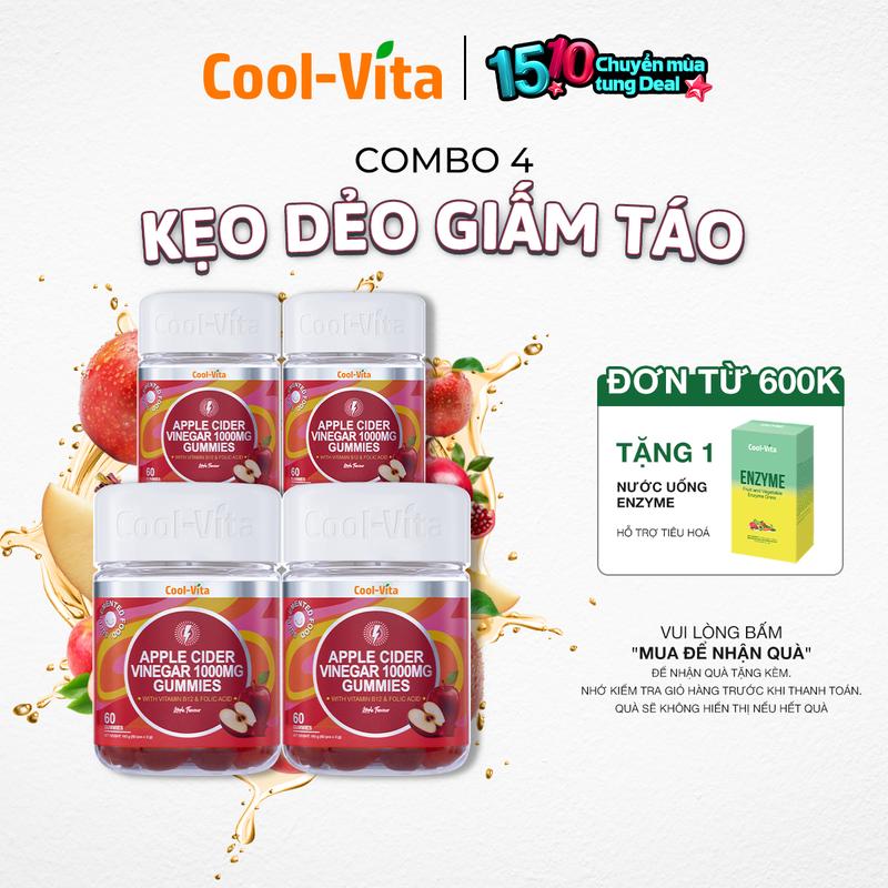 Combo 4 Hộp Kẹo Dẻo Giấm Táo Hỗ Trợ Tiêu Hóa, Hỗ Trợ Tăng Cường Miễn Dịch, Bổ sung Vitamin B12 Coolvita (60 viên x 3g)/hộp