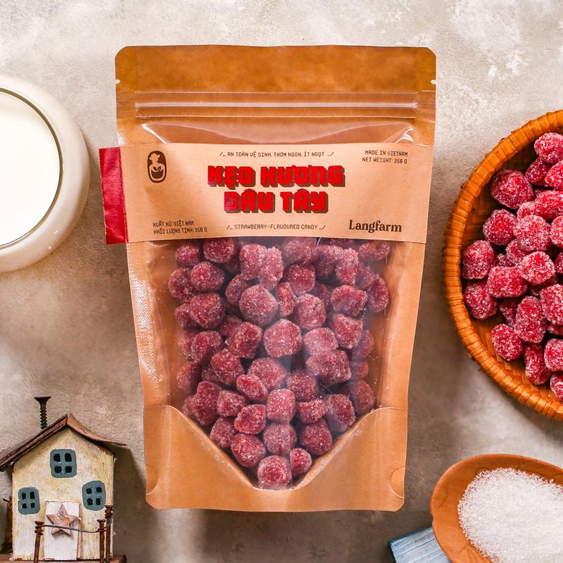 Kẹo hương dâu tây Langfarm, 350g, bịch, mẫu kraft 1 mặt trong Chua Snack Ăn Vặt