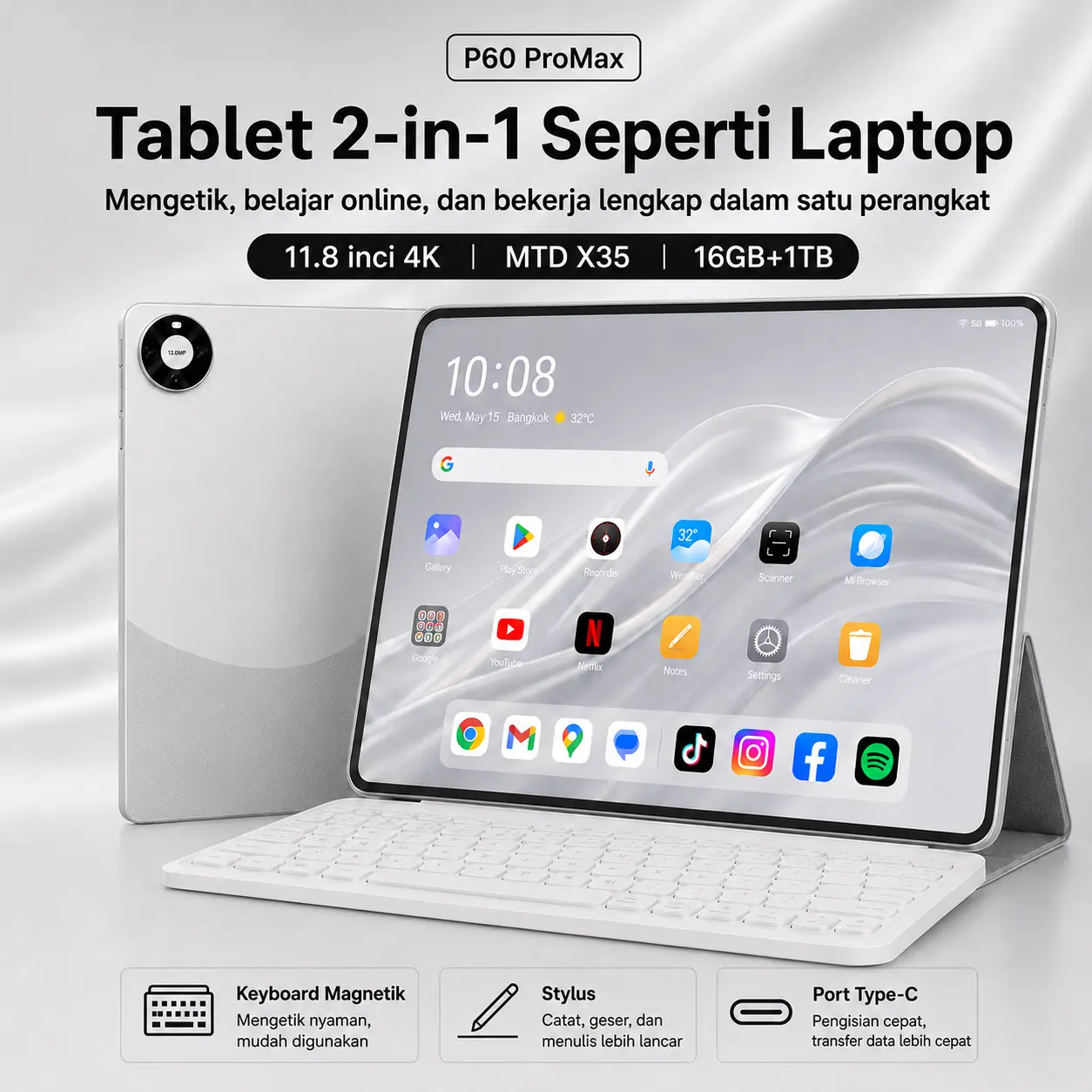 5G 2026 matepad P60 Pro 11.8" Tablet [8GB+8GB+1TB] | Pengalaman Pro Layaknya PC | 120Hz OLED Real Color FullView Display | Ultra-tipi