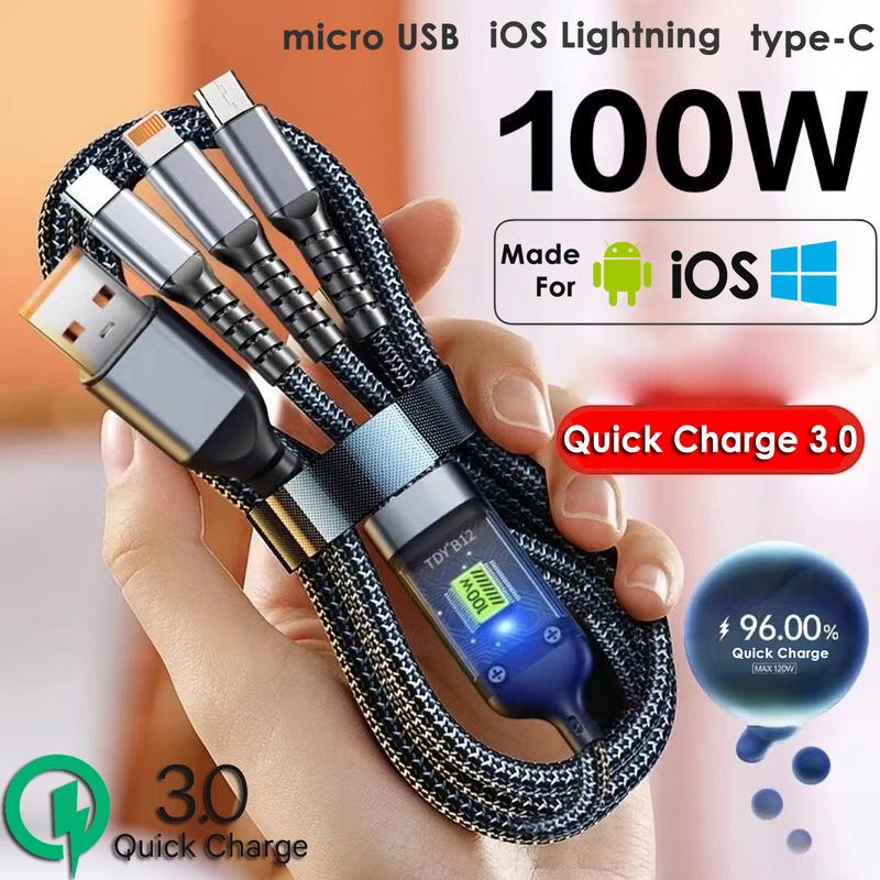 【Caj Cepat】100W 6A 3 dalam 1 Kabel Pengecas Super Dengan Penunjuk LED ...