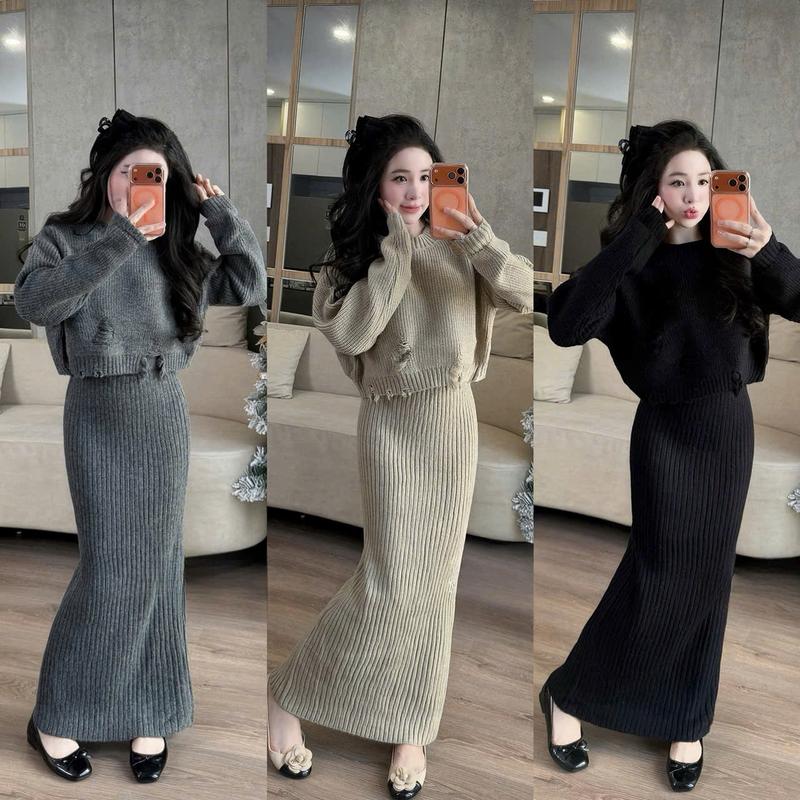 Hàng QCCC - ODER SÉT Bộ Nữ Áo Croptop Phối Rách Mix Chân Váy Dáng Dài Chất Liệu Len Mềm Mại MS490