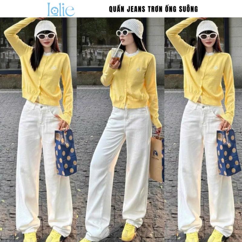 Có BIGSIZE Quần Kaki Nữ trơn Cạp Cao Jean Trắng ống rộng dáng suông đứng LOLIE chất Kaki Bò Dáng dài Lưng Cao- Jean Trắng ống rộng dáng suông đứng MIAA chất kaki