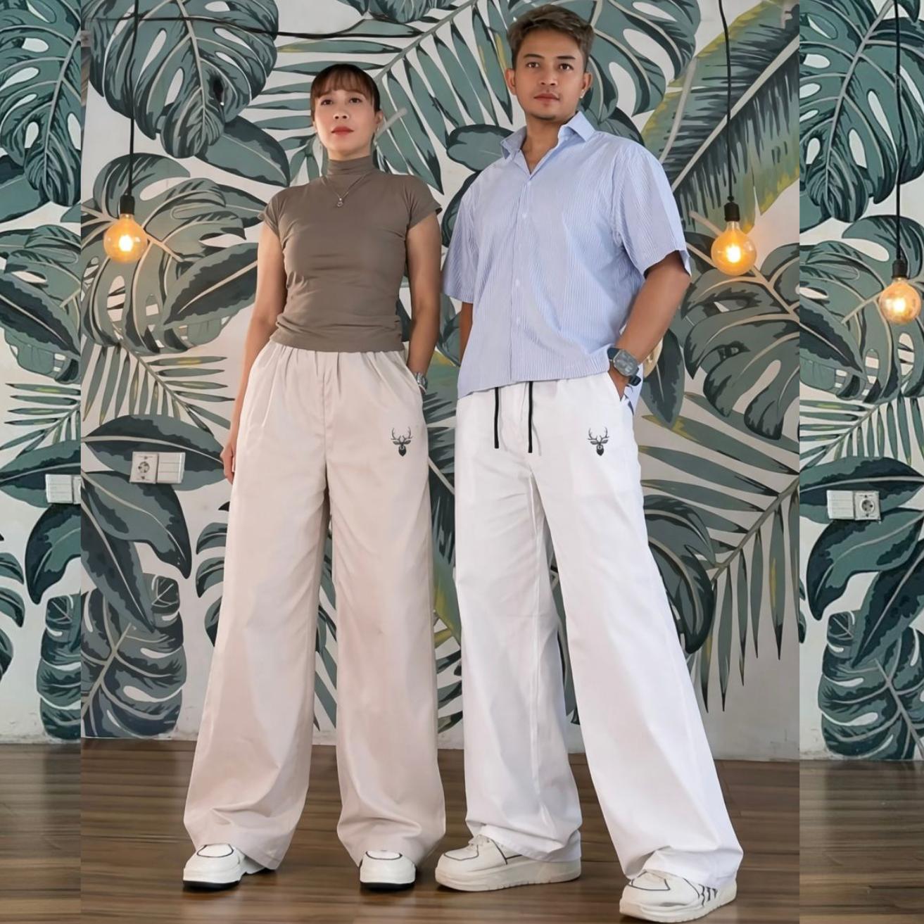 Rizkika store - Unisex Celana Panjang Baggy Higtwaist Logo Bordir Pinggang Karet Anti Kusut Premium Wanita