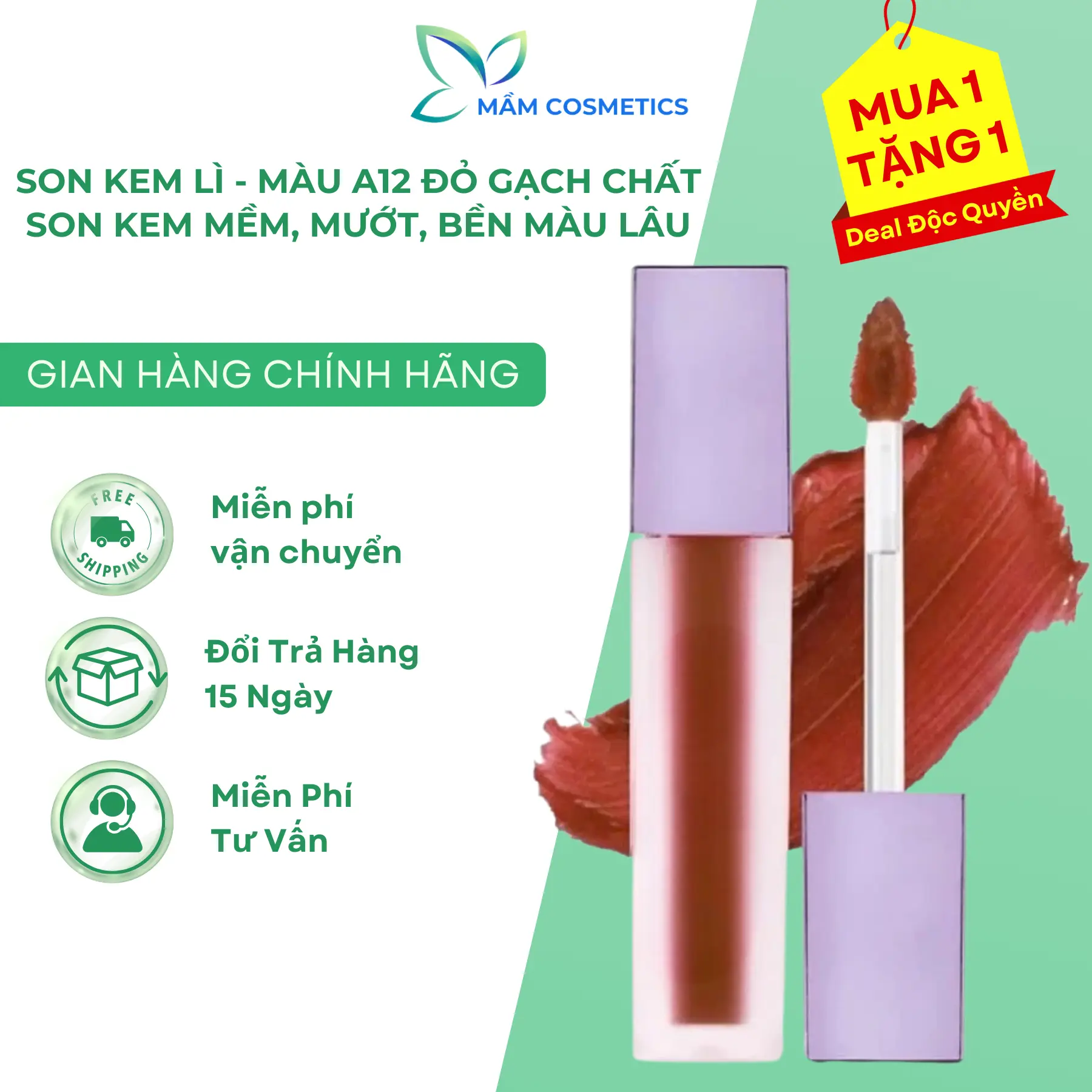 [MUA 1 TẶNG 1] Son kem Lì - Màu A12 Đỏ Gạch Chất Son Kem Mềm Mịn Bền Màu Lâu