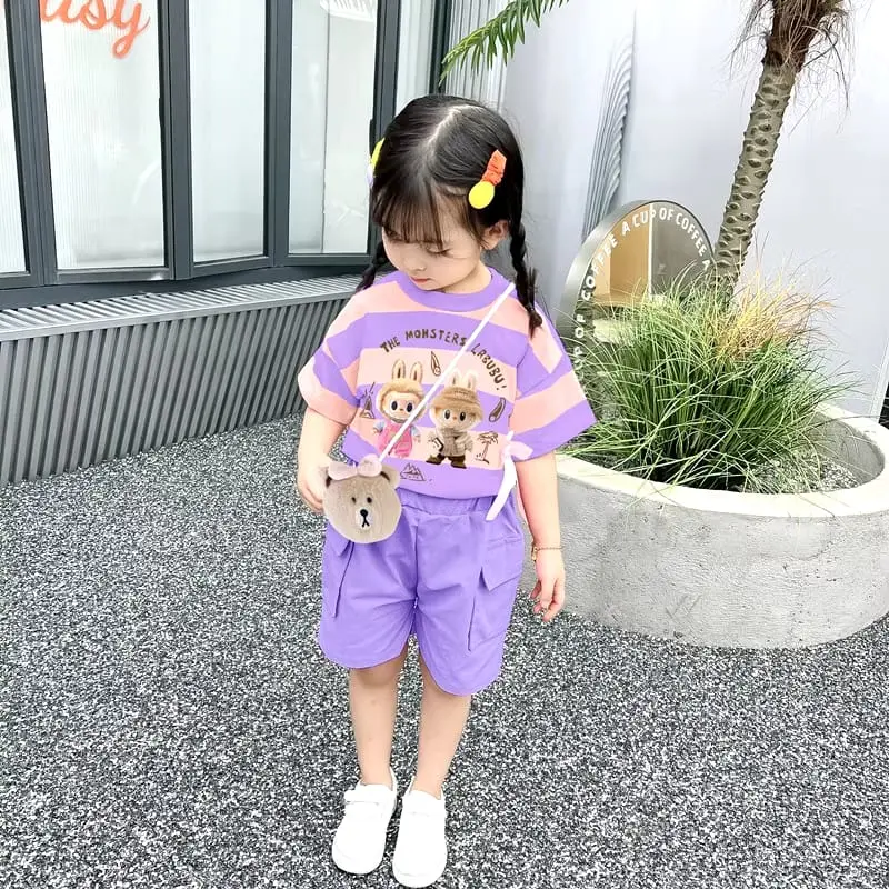 Setelan Anak Kaos Salur Labubuu Viral Terbaru Unisex - Pilihan Ukuran Sesuai Umur - Fashion Fashion set  labubu