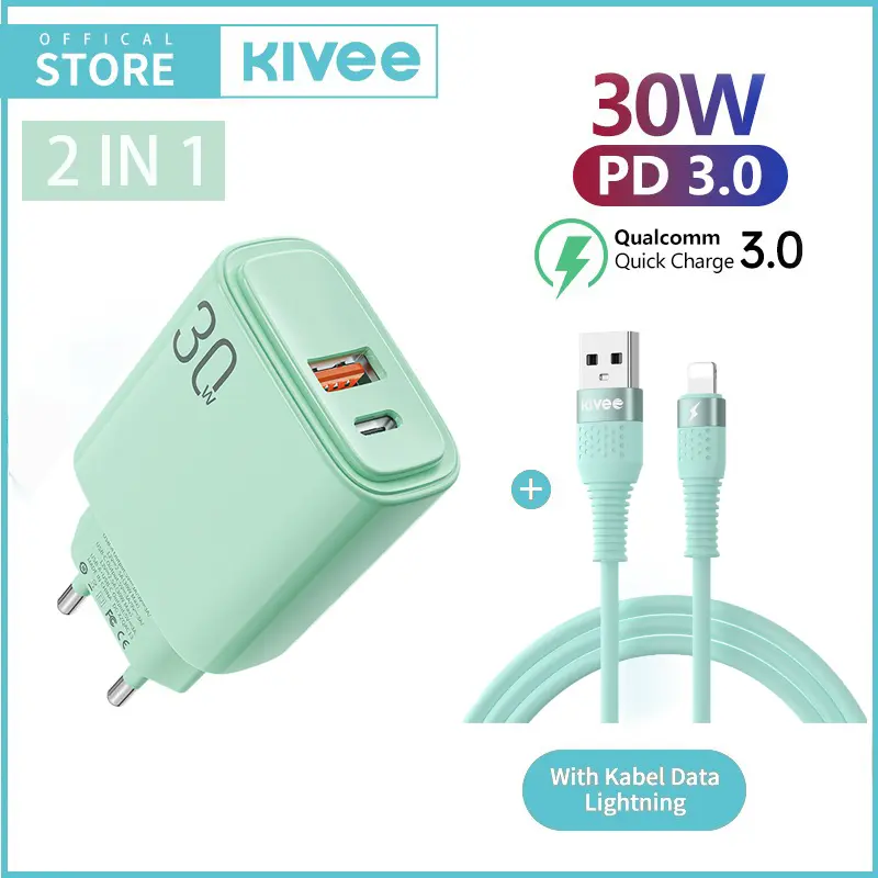 KIVEE Charging set data cable and plug 30W PD fast charging USB type c 3.0 socket for iphone samsung ipad huawei oppo xioami type c Micro wall charger