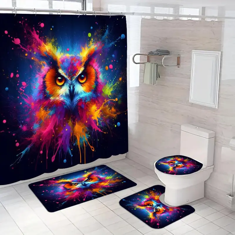 Owl Pattern Bathroom Accessories, 4 Counts/set Including Shower Curtain & Toilet U-shaped Mat & Toilet Lid Cover & Bath Mat, Bathroom Decoration Supplies 5