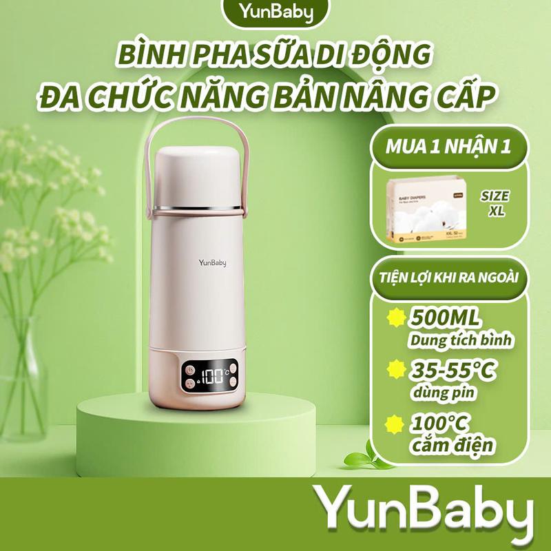MUA 1 TẶNG 1 BỊCH TÃ DÁN - Bình Đun Nước Pha Sữa, Giữ Nhiệt Yunbaby F12Y 500ml, Sạc TypeC Tiện Lợi, An Toàn Nhỏ Gọn Đun & Giữ Nhiệt Không Dây Pha Sữa Siêu Nhanh Dễ Mang Theo Cho Mẹ & Bé. Máy đun nước pha sữa cầm tay di dộng không dây