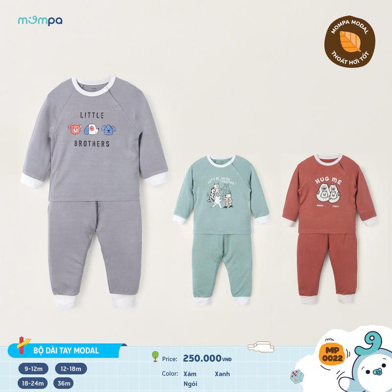 Bộ quần áo dài tay cho bé Mompa 9 tháng đến 36 tháng vải Modal mềm mại co giãn thấm hút thoáng khí MP 0022 ĐQ