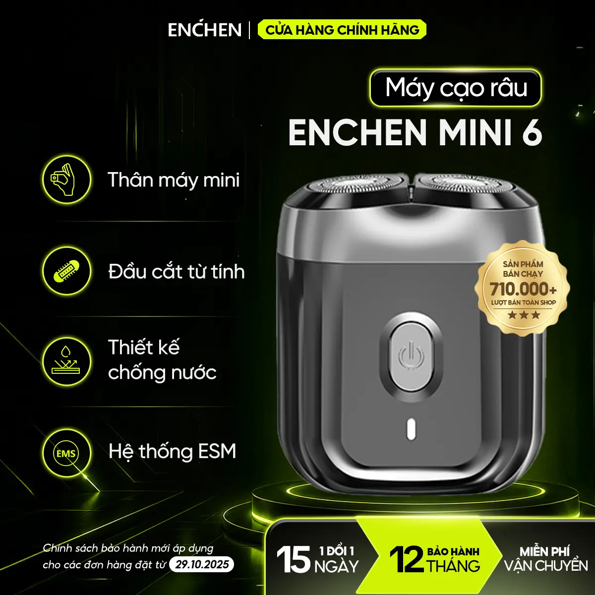 Máy cạo râu Enchen Mini 6, lưỡi dao kép siêu mỏng, chống nước IPX7 cạo khô & ướt, pin sử dụng đến 2 tháng - BH 12 tháng