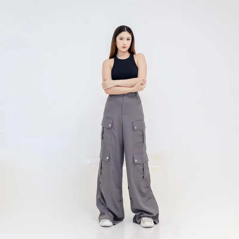 Georgios Women | Aline Pants Vol 2 | Celana Panjang Cargo Korean Wanita Kekinian High Waist Casual Cewek Dewasa Hitam Loose Karet Baggy 0
