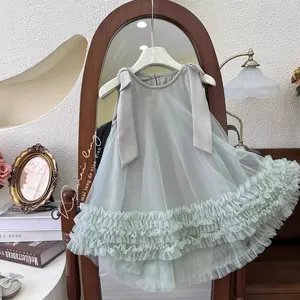 [Enchanted Princess] Gaun Manis Anak Jaring Tanpa Lengan Warna Pink Mint Pita Elegant Nuansa Segar untuk Bayi 1-9 Tahun Soft Enough Dress