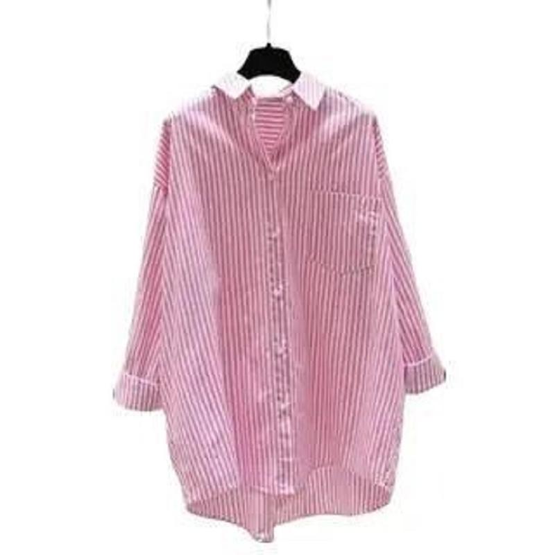 Briana Kemeja - Size S M L XL XXL 3XL 4XL/5L - Kemeja Wanita Jumbo - Kemeja Salur Jumbo - Kemeja Salur Jumbo - Kemeja Wanita Big Size Atasan Panjang Baju Kancing Katun Casual Kerja Oversize Navy Cewek 0