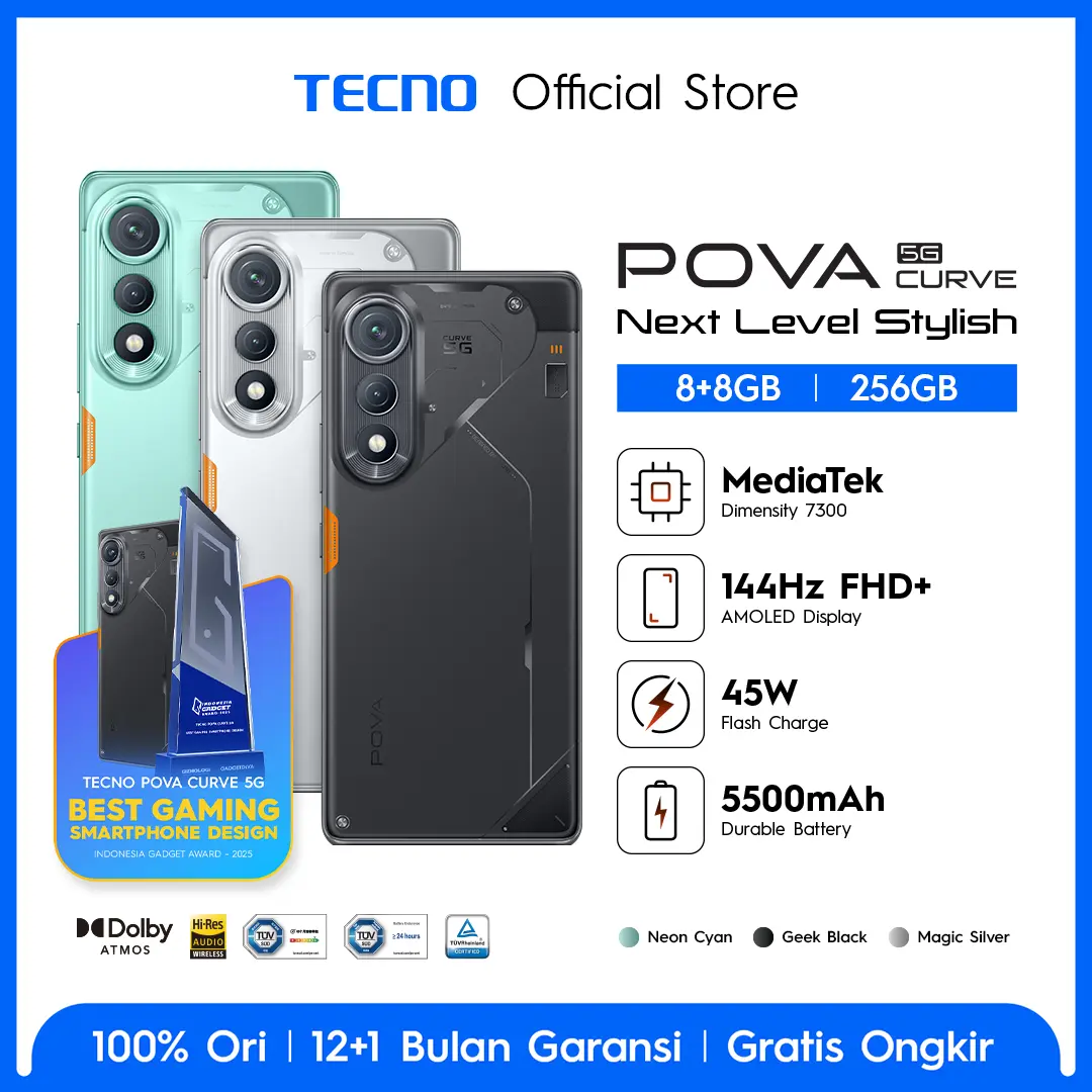 [5G Series] TECNO POVA Curve 5G - 8+8GB*/256GB, 5500mAh + Bypass Charging 2.0 , Mediatek D7300 Ultimate 5G, 6,78" Curved AMOLED Display , 64MP Primary Camera, Android 15 - HiOS 15 - POVACurve