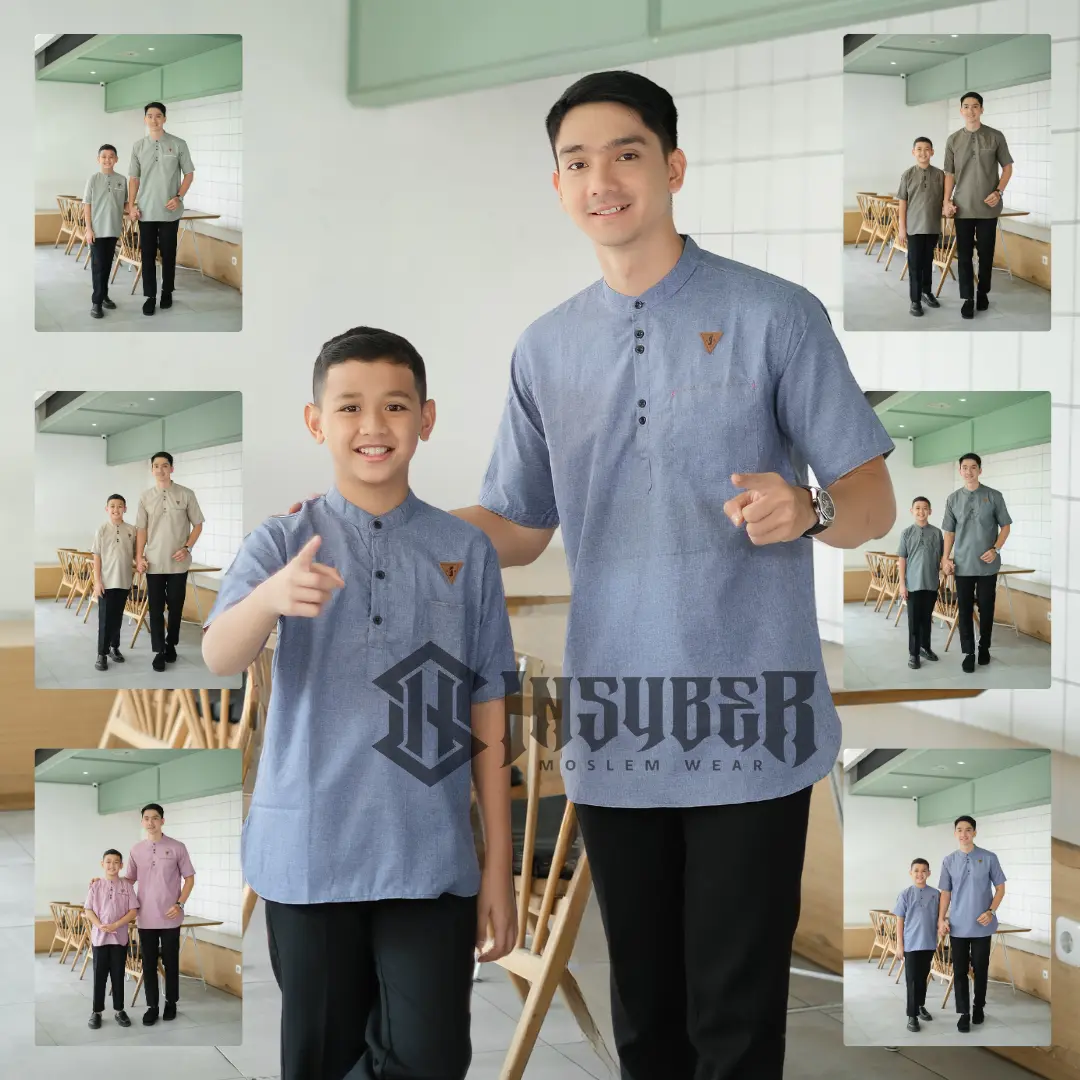 Baju Koko Couple Ayah Dan anak Laki Laki Lengan Pendek Motif Polos Kain Katun Madinah Warna Denim Terbaru 2025