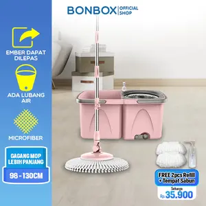 【EXCLUSIVE KOKOPANCI】BONBOX Alat Pel PINK Lantai 2 in 1 Ember Terpisah Dapat 2 Kain Pel Lantai Ember Terpisah Mop Kain Fiber dengan Spin Mop Ember Dapat Dilepas Alat Pembersih Lantai BCT706
