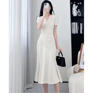 7892 midi dress putih korean style kondangan simple elegan wanita kekinian dress press body formal terbaru 2025 gaun pesta mewah elegan