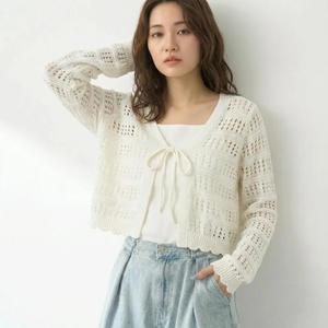 女性の無地のホローアウトタイフロントセーターカーディガン、夏のためのカジュアルな長袖ニットトップ、ファッション女性のニットウェアを毎日着用