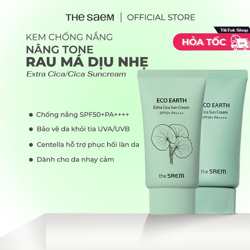 [KOL/KOC] Kem chống nắng chiết xuất rau má dịu nhẹ the SAEM Eco Earth CICA & EXTRA CICA Sun Cream 50g