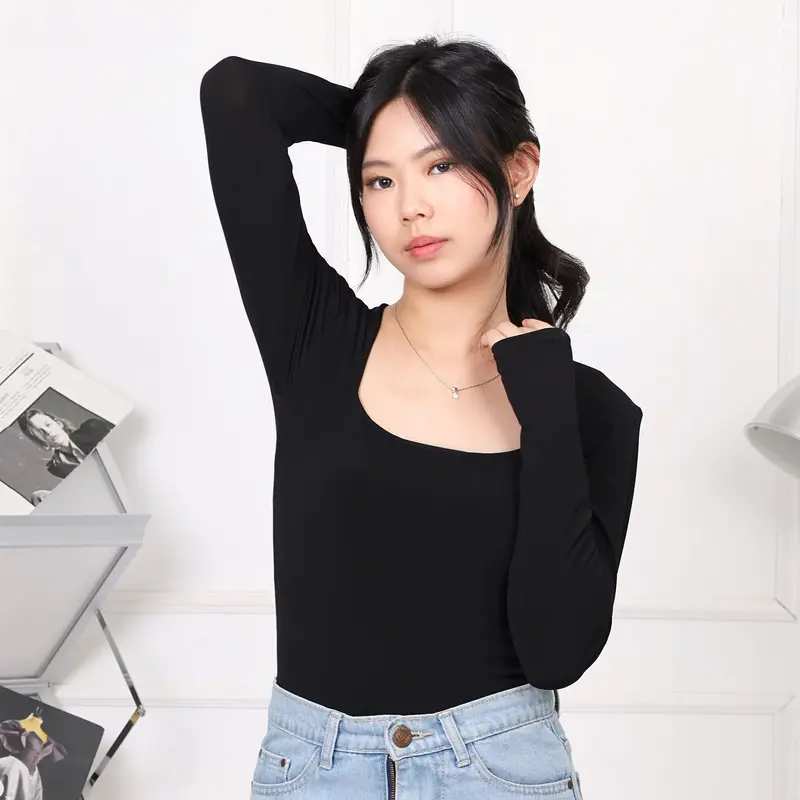 Lassmee | MINJI XL Baju Atasan Wanita Long Sleeve Leher Kotak / Bodysuit XL Basic Polos Lengan Panjang Leher Kotak / Kaos Jersey Spandex XL Square Neck 2