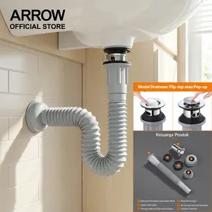 ARROW Set Pembuangan Wastafel Kamar Mandi Universal | Selang Fleksibel Stainless Steel Anti Tersumbat | Cocok Wastafel Dengan & Tanpa Lubang Overflow | Pemasangan Mudah Tanpa Alat | Perlengkapan Wastafel