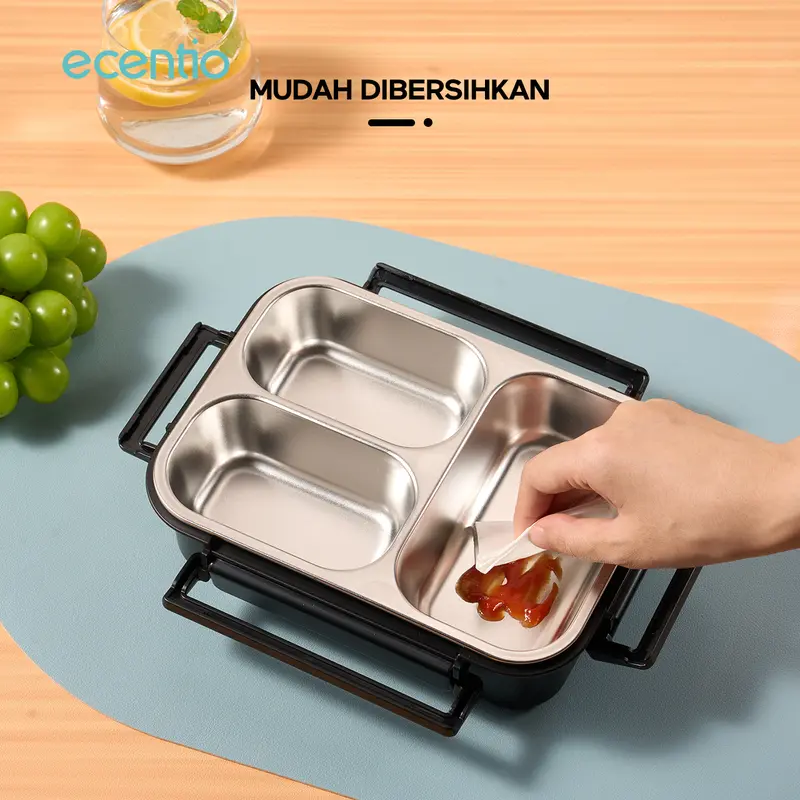【kotak bekal stainless set】【2.0 anti tumpah】ecentio lunch box stainless 800ml sekat 3 dengan sendok sumpit free kotak sauce kecil Baja Garpu 4