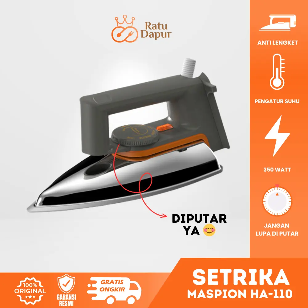 Maspion Setrika HA-110 Setrika Listrik Stainless Grey MASPION Setrika Maspion Classic Gosokan Baju Setrikaan Maspion HA 110 Setrika Iron Kabel | GARANSI 1 TAHUN