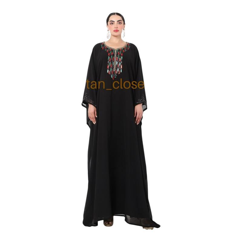 Kaftan Closet SG- Marbella available pistachio green, black & taupe with a fusion contrast style stonework handbeaded custom made kaftan. 0