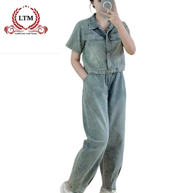 Set bộ jeans Quần dài baggy xếp ly kèm áo croptop thời trang nữ hottrend xu hướng ms-164 Women Kem Pants Jacket bộ bò thổ quảng châu đồ bộ Polo